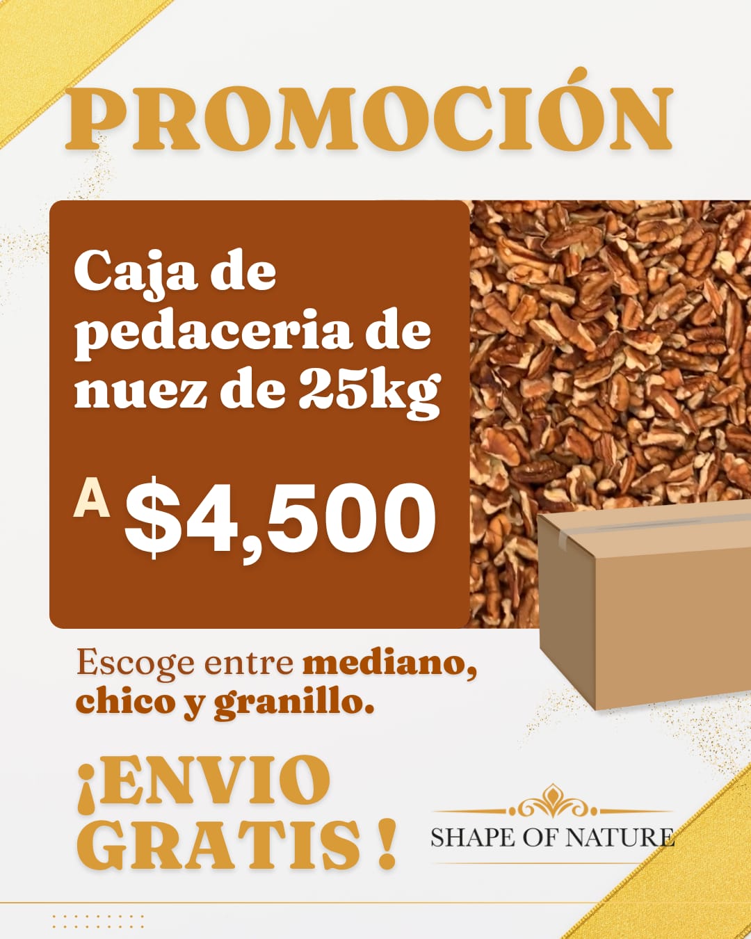 Caja de Nuez en Pedacería 25 KILOS – 3 Tamaños a tu Elección ✨